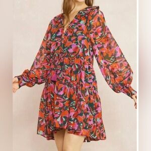 NWT ENTRO printed long sleeve collared button mini dress smocked cuffs medium